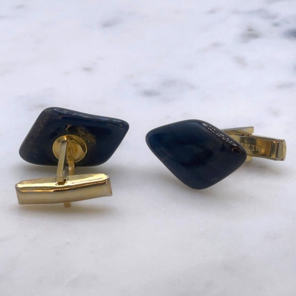Unknown Gemstone Stone Accent Translucent Black Gold Mens Whale Back Cufflinks - Picture 7 of 8